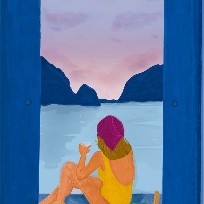 Ilustração de mulher de fato-de-banho amarelo sentada em toalha à beira do mar entre portas azuis