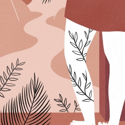 Ilustração de pernas com padrão de folhas e vestido terracota em fundo abstrato