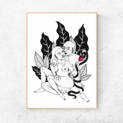 Ilustração artística em quadro de duas figuras humanas nuas com elementos de folhas e coração vermelho.