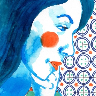 Ilustração de retrato feminino em aquarela com cores vibrantes e fundo geométrico