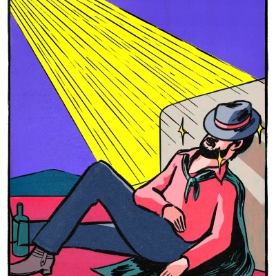 Ilustração colorida de figura humana com chapéu recostada contra superfície cinza com luz amarela e texto TAME IMPALA LET IT HAPPEN