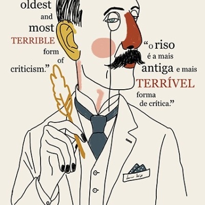 Ilustração estilizada de homem com fato branco, gravata azul e monóculo segurando pena