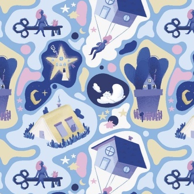 Padrão artístico com casas, chaves, figuras humanas e feto em tons de azul, amarelo e rosa.