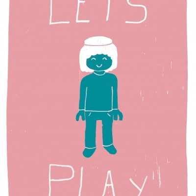 Ilustração colorida com figura humana azul-turquesa e texto LET'S PLAY em fundo rosa