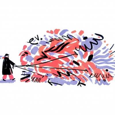 Desenho de uma figura humana a puxar um animal abstrato com cores e padrões variados em fundo branco