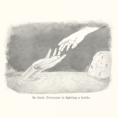 Desenho a preto e branco de uma mão humana a ajudar uma mão esquelética a sair de água, com texto inspirador em inglês.