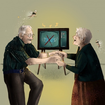 Casal idoso dançando com televisão antiga ao fundo e fadas ao redor