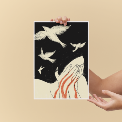 Pôster com ilustração de mãos e pássaros em voo em fundo preto