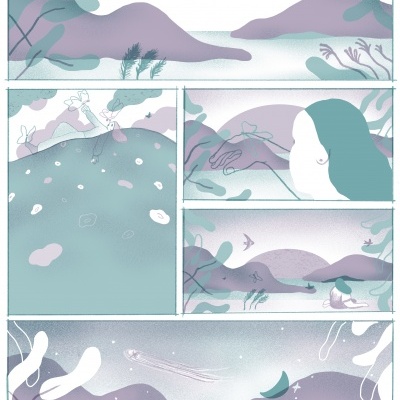 Banda desenhada com paisagem natural e figura humana em tons lilás e verde-azulado