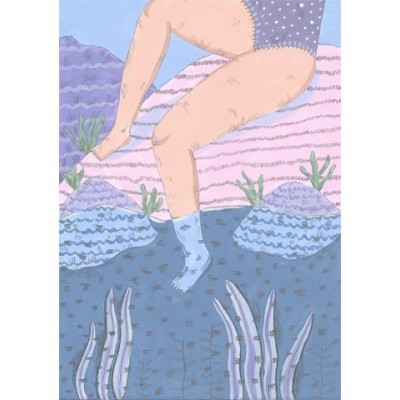 Ilustração colorida de pessoa na beira de água com plantas e pedras