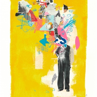 Colagem artística colorida com figura humana e elementos gráficos sobre fundo amarelo