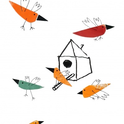 Desenho colorido de pássaros e casinha para pássaros em estilo minimalista