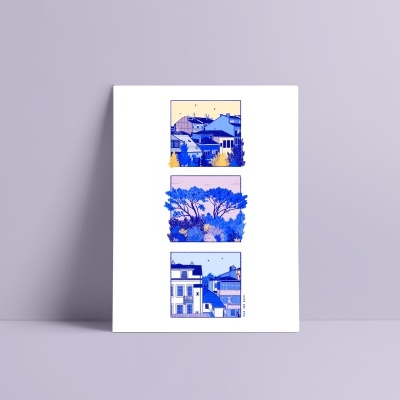 Folha branca com três ilustrações azuis de casas e uma árvore, sobre fundo cinzento claro.