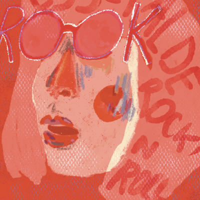 Ilustração artística de rosto feminino com óculos e texto em fundo vermelho.