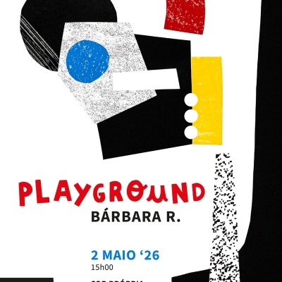 Cartaz abstrato colorido com várias formas geométricas e texto em português anunciando evento Playground de Bárbara R.