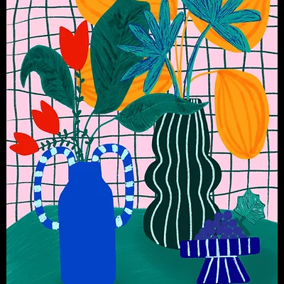 Ilustração de vasos coloridos com flores e uvas sobre mesa com fundo de padrão em linhas