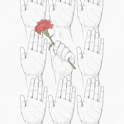 Desenho de mãos pretas e brancas com uma mão segurando uma flor vermelha.