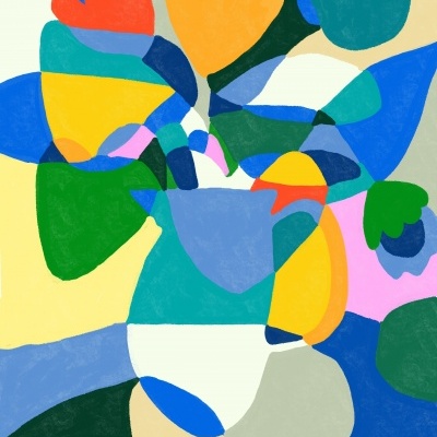 Ilustração abstrata de flores coloridas num vaso azul