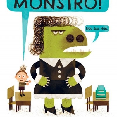 Ilustração de livro com professora monstro verde e aluno assustado, texto em balões