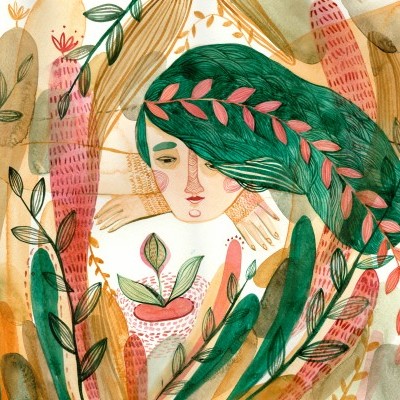 Ilustração de mulher e plantas estilizadas em tons de verde, bege, castanho e vermelho.