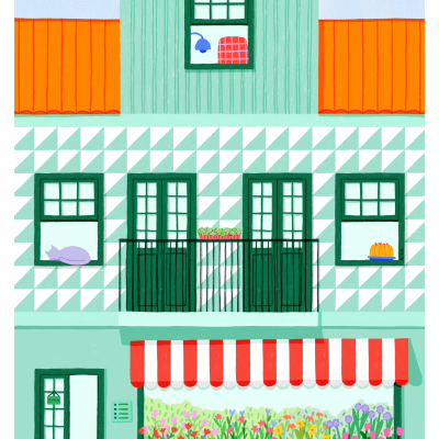 Fachada colorida de prédio com janela, varanda e flores