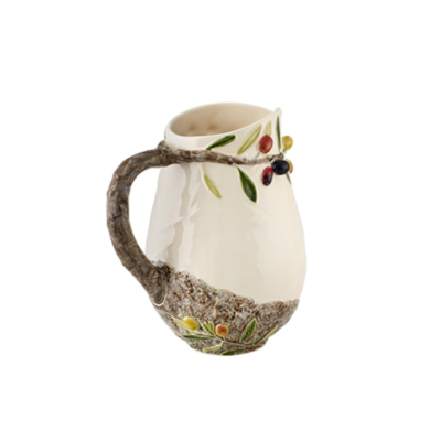 Jarro cerâmico branco com alça em forma de ramo e decoração de ramos de oliveira coloridos
