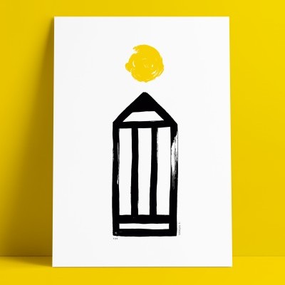 Cartaz branco com desenho abstrato de lápis preto e círculo amarelo em fundo amarelo
