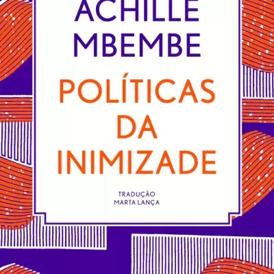 Capa de livro 'POLÍTICAS DA INIMIZADE' de ACHILLE MBEMBE com fundo roxo e padrões em branco e laranja