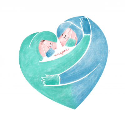 Duas figuras humanas abraçadas formando um coração com máscaras faciais e texto 'miss you'