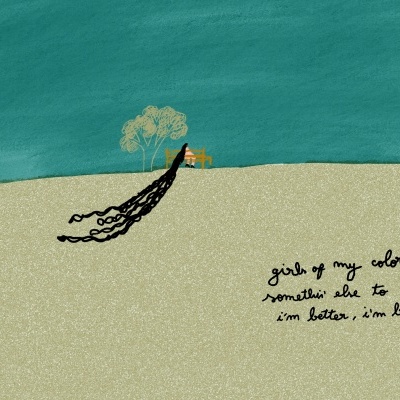 Ilustração artística com árvores, sombra longa e texto manuscrito em fundo azul e bege.