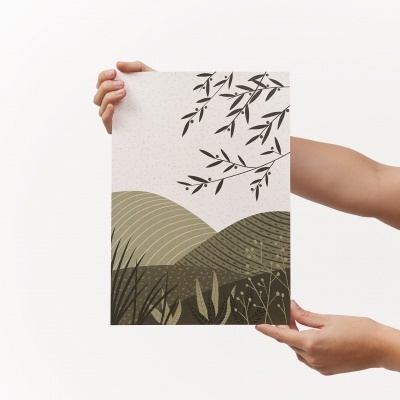 Quadro com desenho abstrato de colinas verdes e ramos em fundo bege