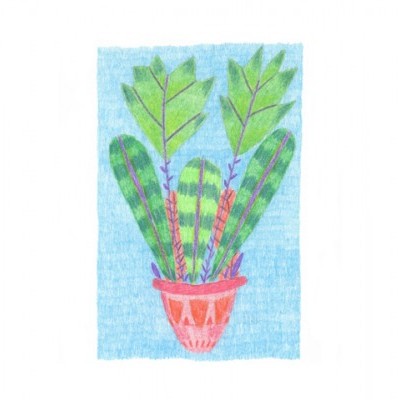 Desenho colorido de vaso de flores com folhas verdes e caules vermelhos