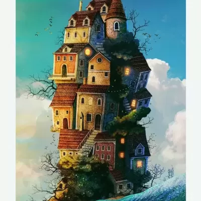 Torre alta feita de várias casas empilhadas com telhados vermelhos e janelas iluminadas, num cenário de céu azul e água.
