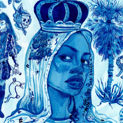 Desenho azul de mulher com coroa rodeada de outros desenhos e textos