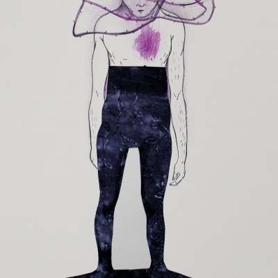 Desenho artístico de figura humana com pernas e base negras e linhas roxas na cabeça