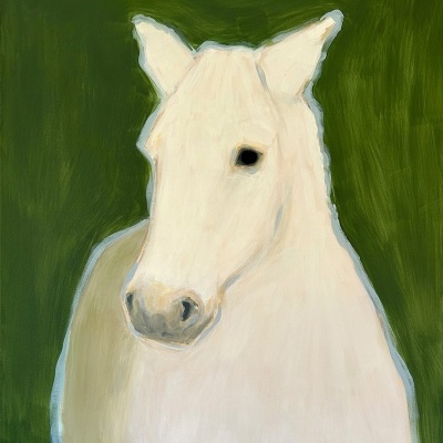 Pintura de cavalo branco com fundo verde