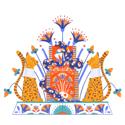 Ilustração de leopardos amarelos com padrões florais em azul e laranja