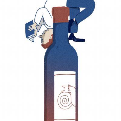 Ilustração de garrafa de vinho azul com rótulo e figura humana em cima