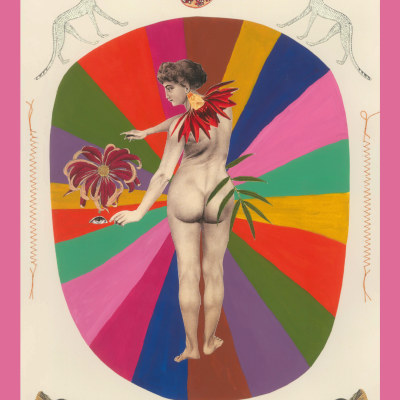 Imagem artística com figura feminina nua e círculo colorido com elementos decorativos