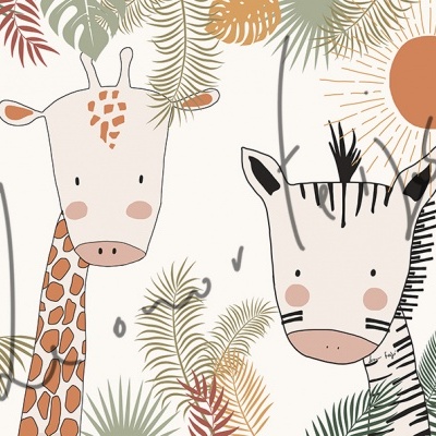 Ilustração de girafa e zebra com folhas tropicais coloridas