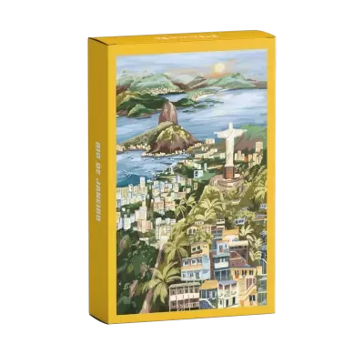 Embalagem amarela com ilustração do Rio de Janeiro e Cristo Redentor