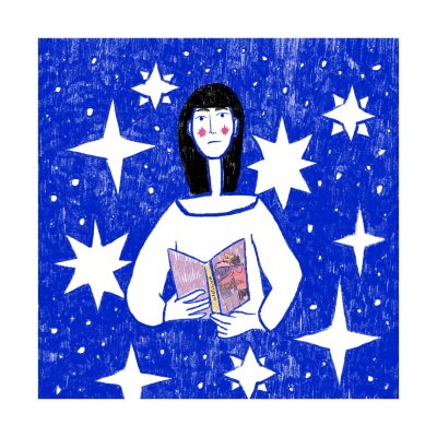 Ilustração de pessoa segurando livro em fundo azul com estrelas