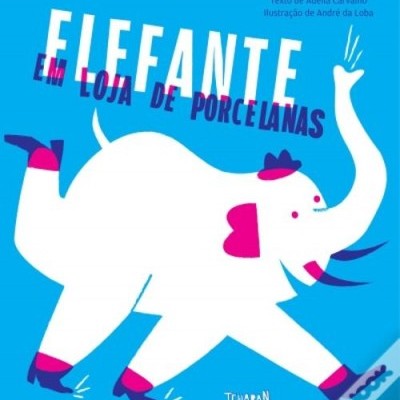 Capa de livro infantil com elefante branco e texto ELEFANTE EM LOJA DE PORCELANAS
