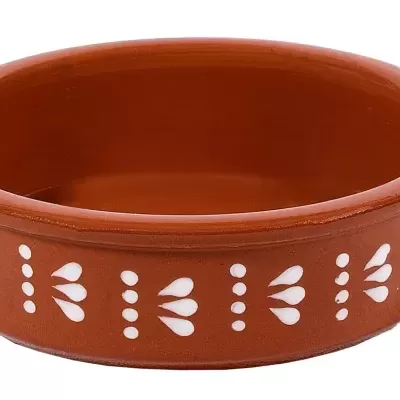 Tigela redonda de cerâmica terracota com padrão branco na borda