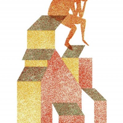 Figura em pontilhismo sentada sobre formas geométricas coloridas