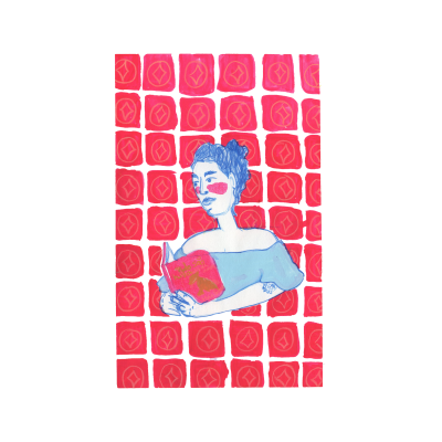 Ilustração de mulher segurando livro vermelho em fundo de quadrados vermelhos