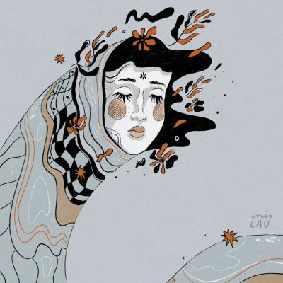 Ilustração de rosto feminino estilizado com padrões geométricos e florais