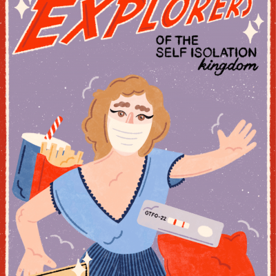 Ilustração vintage de pessoa com máscara, roupa azul, saco vermelho, e texto EXPLORERS OF THE SELF ISOLATION kingdom.