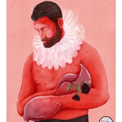 Homem vermelho com gola branca segurando órgãos vermelhos e rosas negras