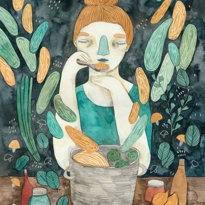 Ilustração colorida de mulher rodeada por legumes e vegetais